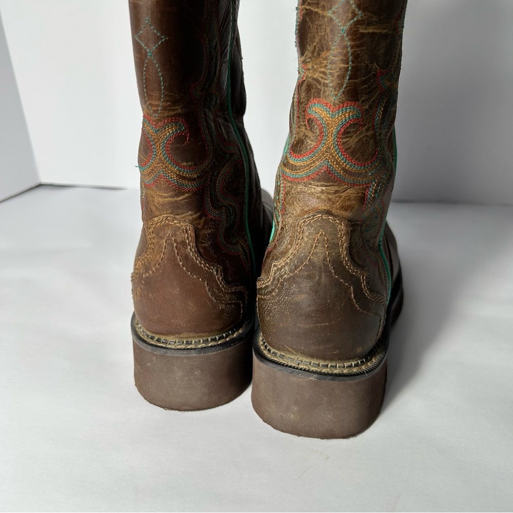 Justin Boots Brown Leather Western Boots with Turquoise Trim - Picture 15 of 16